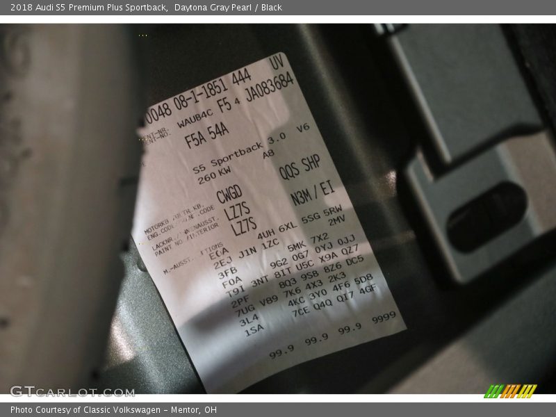 Info Tag of 2018 S5 Premium Plus Sportback