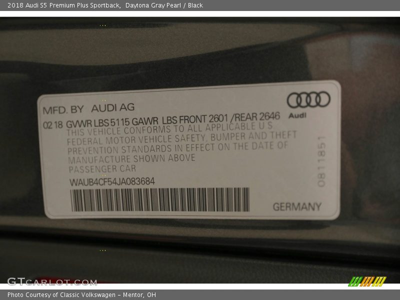 Daytona Gray Pearl / Black 2018 Audi S5 Premium Plus Sportback