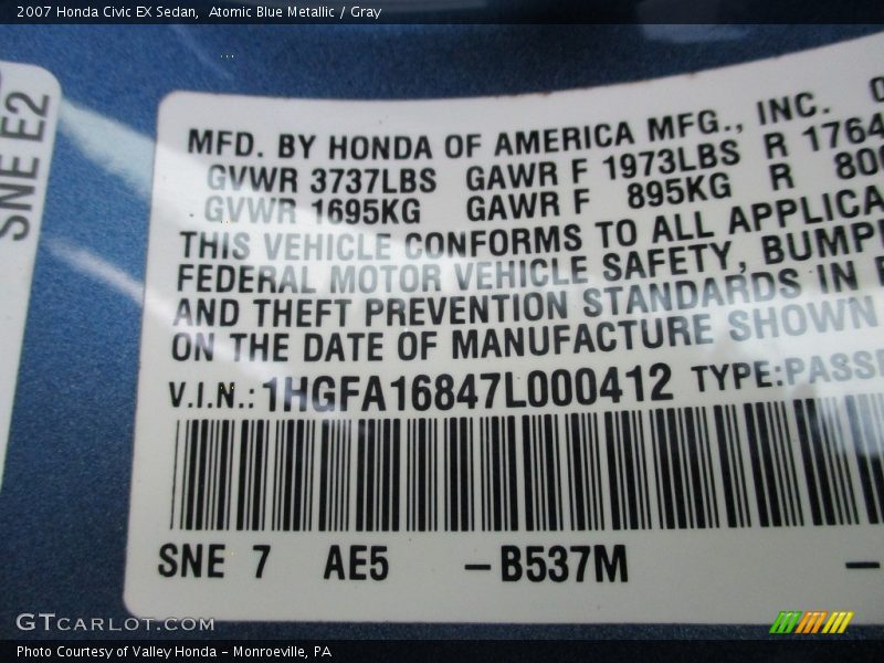 Atomic Blue Metallic / Gray 2007 Honda Civic EX Sedan