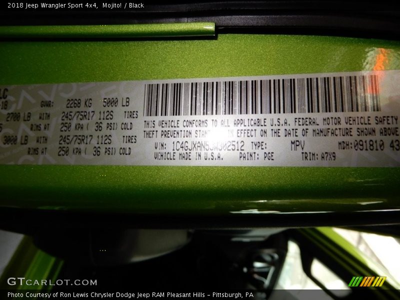 2018 Wrangler Sport 4x4 Mojito! Color Code PGE