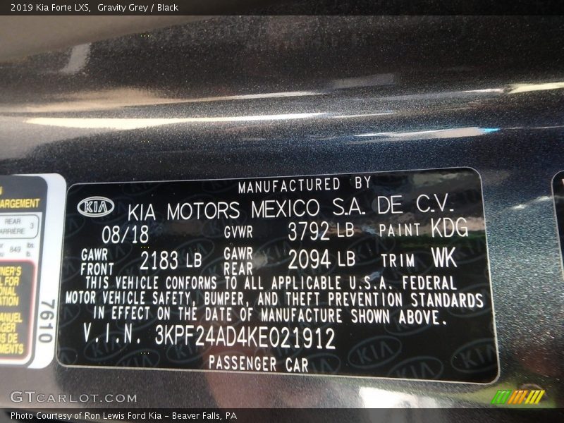 2019 Forte LXS Gravity Grey Color Code KDG