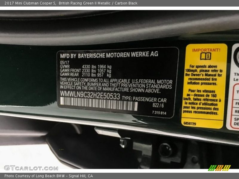 British Racing Green II Metallic / Carbon Black 2017 Mini Clubman Cooper S