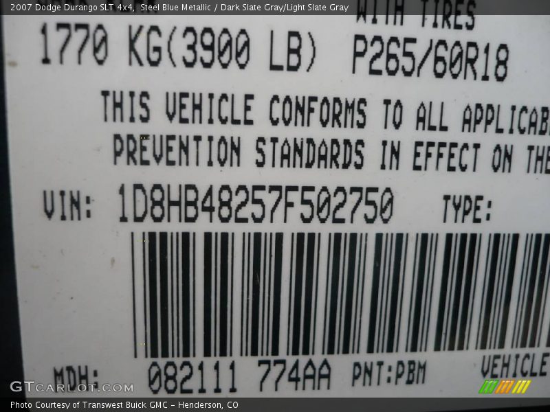Steel Blue Metallic / Dark Slate Gray/Light Slate Gray 2007 Dodge Durango SLT 4x4