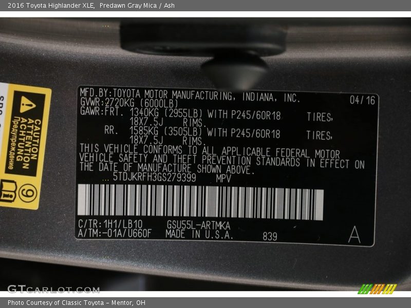 Predawn Gray Mica / Ash 2016 Toyota Highlander XLE