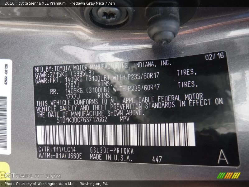 Predawn Gray Mica / Ash 2016 Toyota Sienna XLE Premium