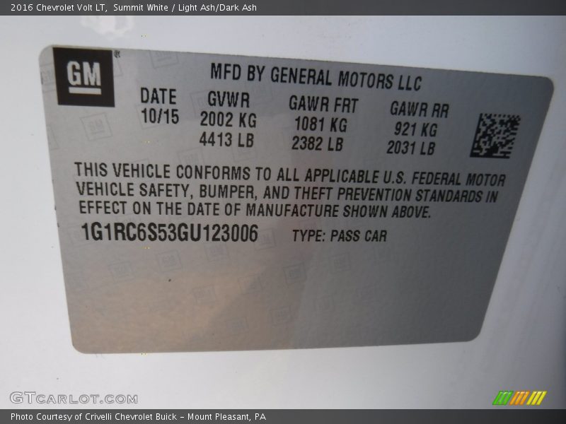 Summit White / Light Ash/Dark Ash 2016 Chevrolet Volt LT