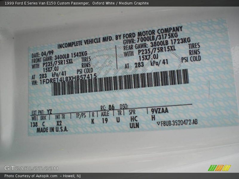 Oxford White / Medium Graphite 1999 Ford E Series Van E150 Custom Passenger