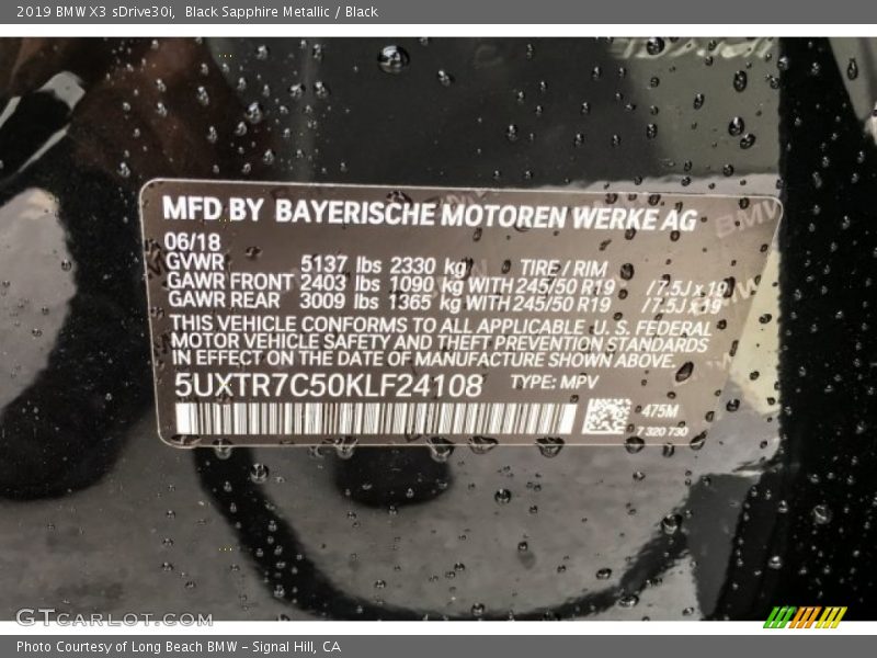 Black Sapphire Metallic / Black 2019 BMW X3 sDrive30i