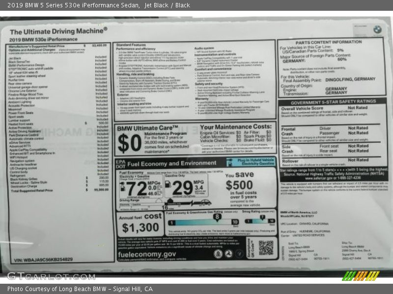  2019 5 Series 530e iPerformance Sedan Window Sticker