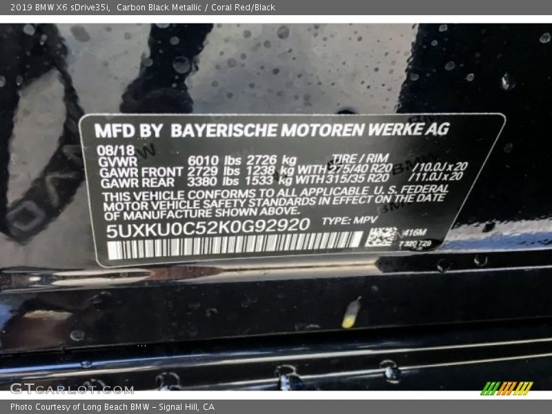 2019 X6 sDrive35i Carbon Black Metallic Color Code 416