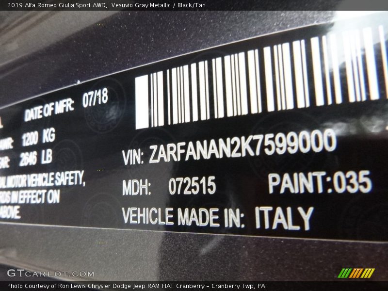 2019 Giulia Sport AWD Vesuvio Gray Metallic Color Code 035