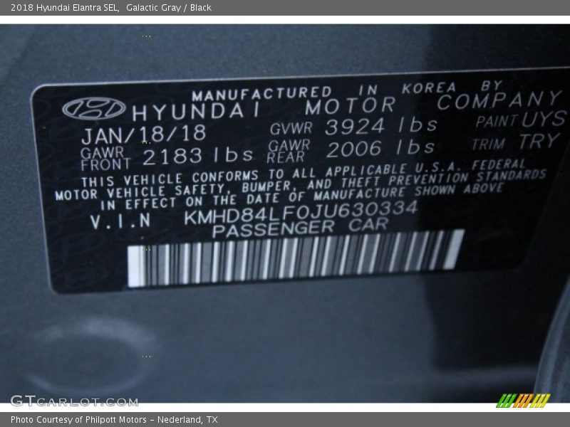 Galactic Gray / Black 2018 Hyundai Elantra SEL