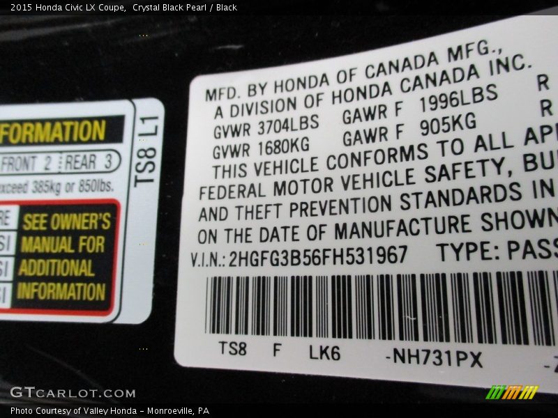 Crystal Black Pearl / Black 2015 Honda Civic LX Coupe