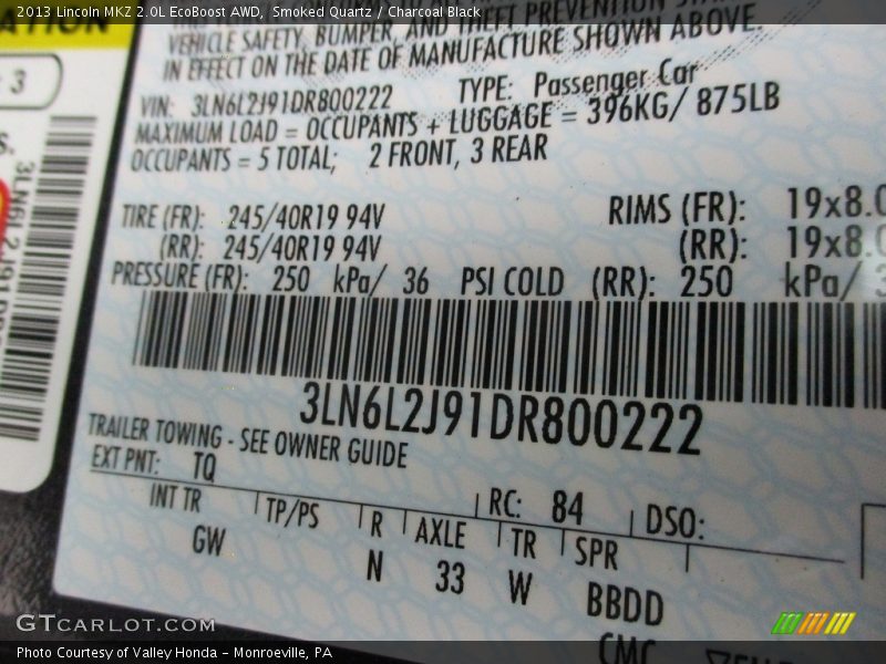 Smoked Quartz / Charcoal Black 2013 Lincoln MKZ 2.0L EcoBoost AWD