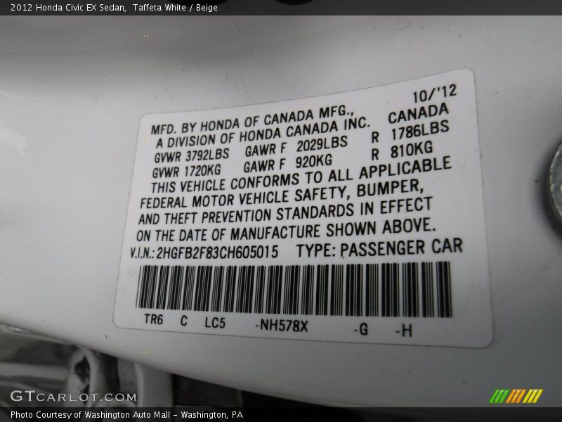 Taffeta White / Beige 2012 Honda Civic EX Sedan