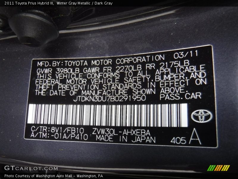 Winter Gray Metallic / Dark Gray 2011 Toyota Prius Hybrid III