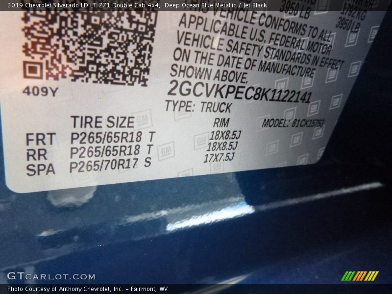 Deep Ocean Blue Metallic / Jet Black 2019 Chevrolet Silverado LD LT Z71 Double Cab 4x4