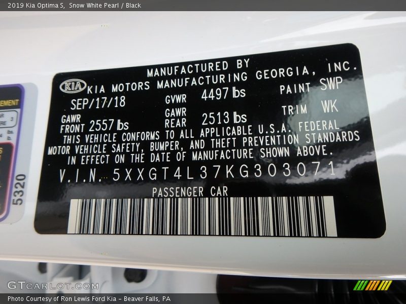 2019 Optima S Snow White Pearl Color Code SWP