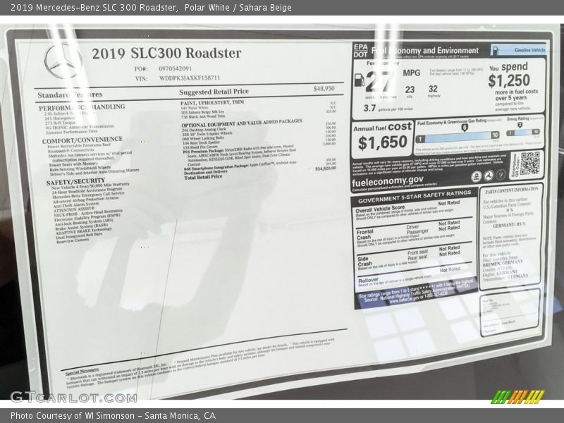  2019 SLC 300 Roadster Window Sticker
