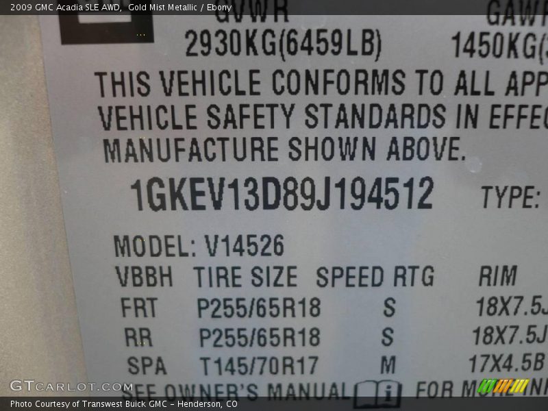 Gold Mist Metallic / Ebony 2009 GMC Acadia SLE AWD