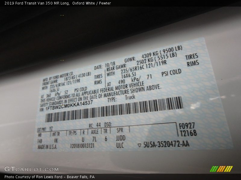 Oxford White / Pewter 2019 Ford Transit Van 350 MR Long