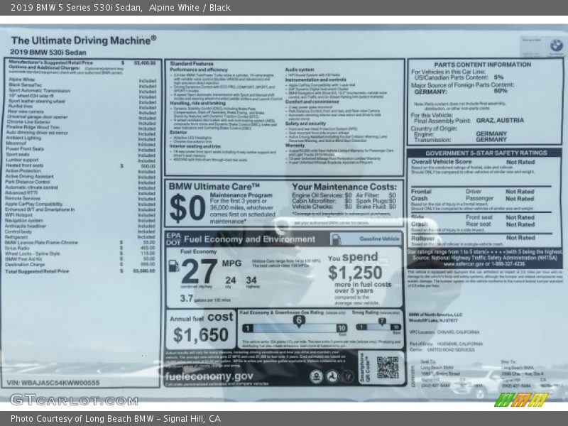 Alpine White / Black 2019 BMW 5 Series 530i Sedan