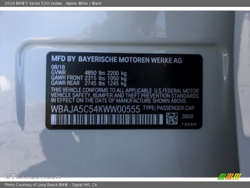 2019 5 Series 530i Sedan Alpine White Color Code 300