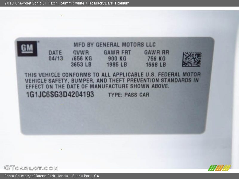 Summit White / Jet Black/Dark Titanium 2013 Chevrolet Sonic LT Hatch