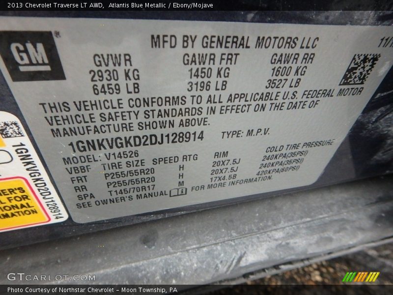 Atlantis Blue Metallic / Ebony/Mojave 2013 Chevrolet Traverse LT AWD