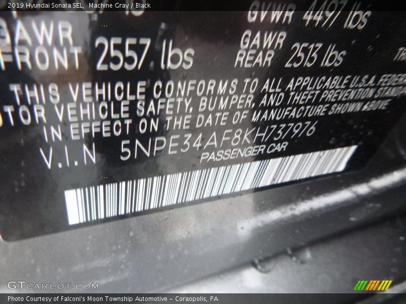 Machine Gray / Black 2019 Hyundai Sonata SEL