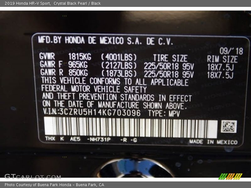 Crystal Black Pearl / Black 2019 Honda HR-V Sport
