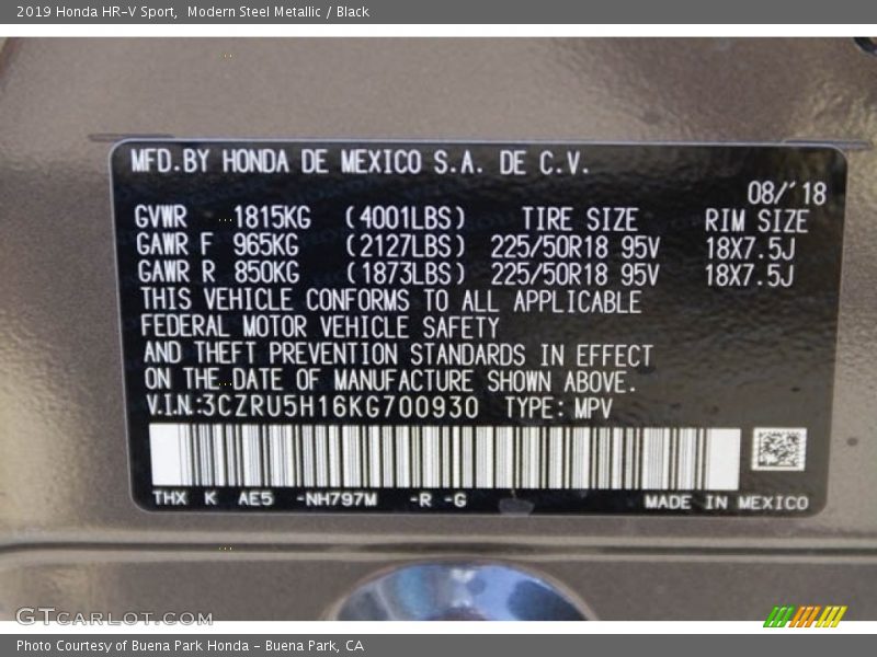 Modern Steel Metallic / Black 2019 Honda HR-V Sport