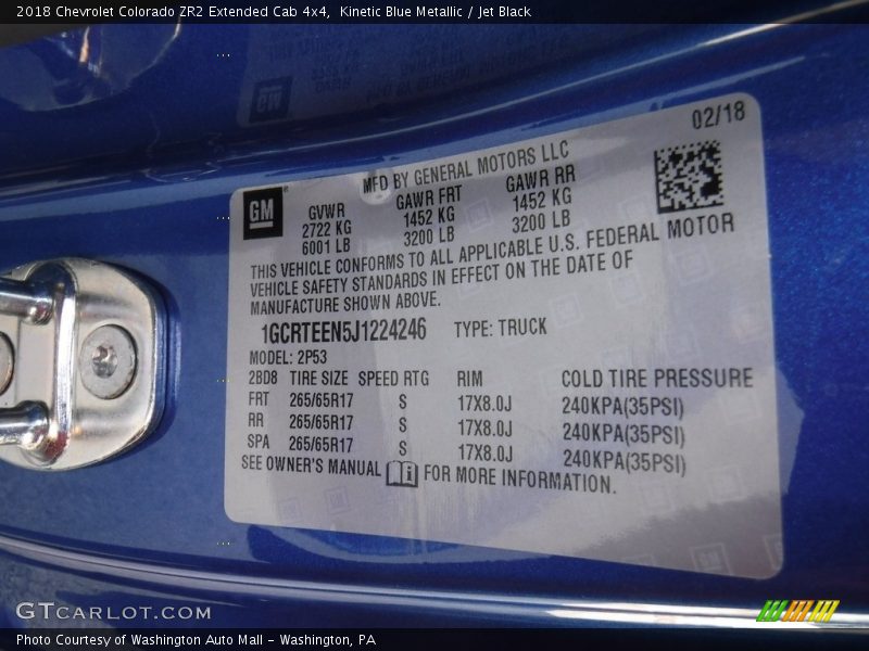 Kinetic Blue Metallic / Jet Black 2018 Chevrolet Colorado ZR2 Extended Cab 4x4