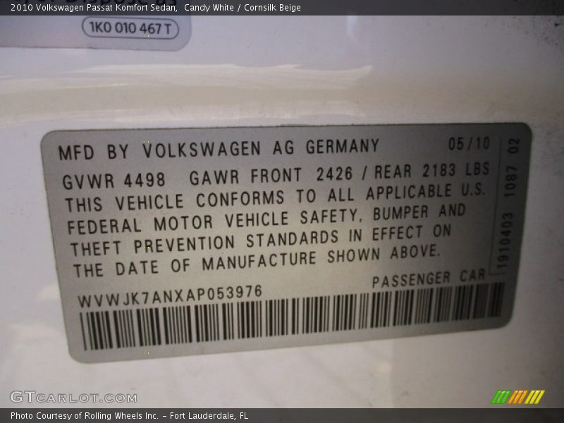 Candy White / Cornsilk Beige 2010 Volkswagen Passat Komfort Sedan