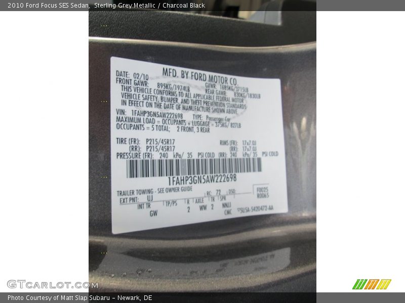 Sterling Grey Metallic / Charcoal Black 2010 Ford Focus SES Sedan