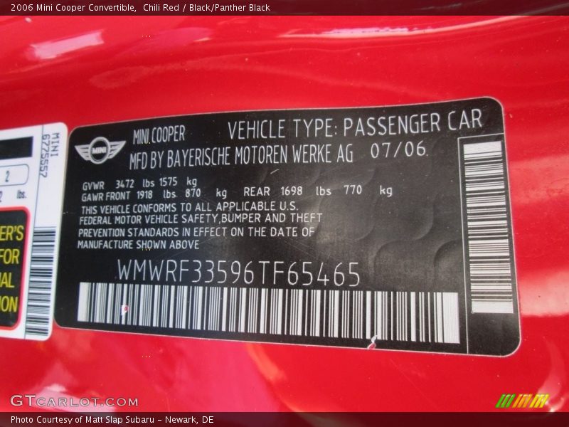 Chili Red / Black/Panther Black 2006 Mini Cooper Convertible