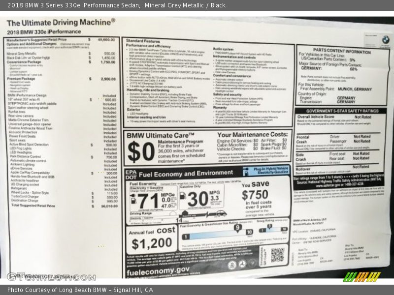 Mineral Grey Metallic / Black 2018 BMW 3 Series 330e iPerformance Sedan