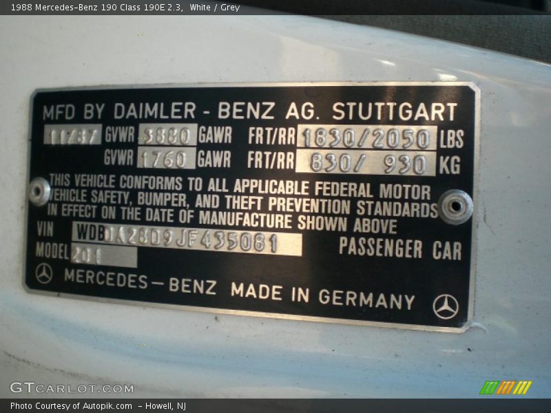 White / Grey 1988 Mercedes-Benz 190 Class 190E 2.3