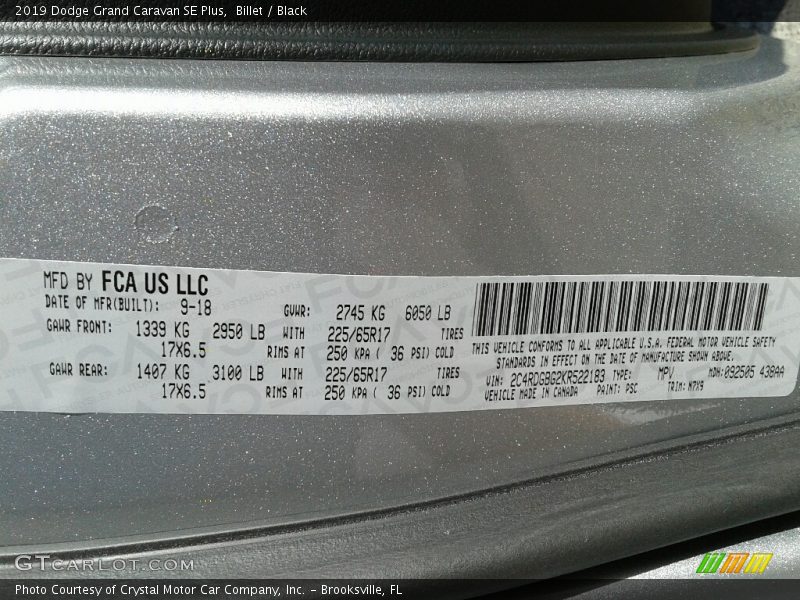 Billet / Black 2019 Dodge Grand Caravan SE Plus