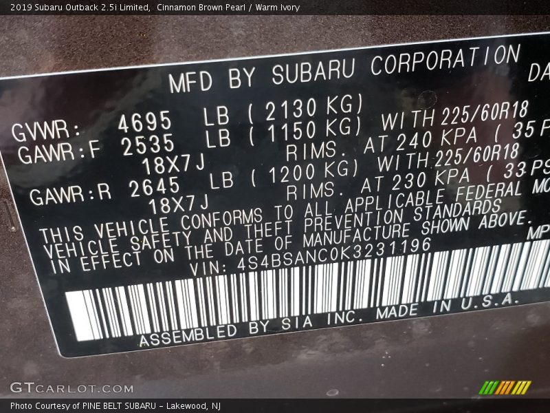 Cinnamon Brown Pearl / Warm Ivory 2019 Subaru Outback 2.5i Limited