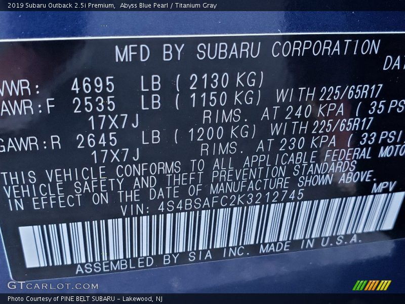 Abyss Blue Pearl / Titanium Gray 2019 Subaru Outback 2.5i Premium