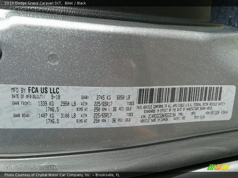 Billet / Black 2019 Dodge Grand Caravan SXT