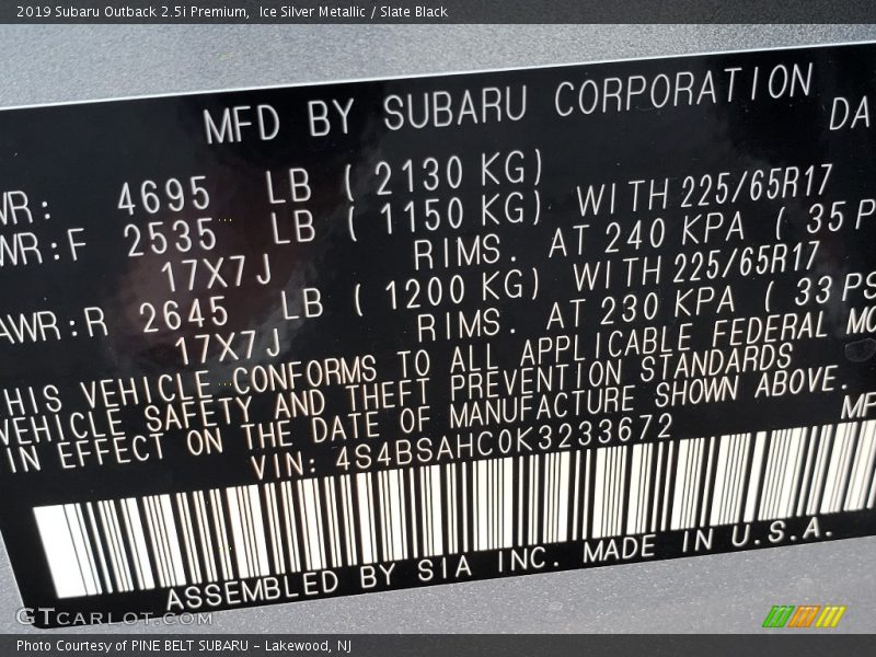 Ice Silver Metallic / Slate Black 2019 Subaru Outback 2.5i Premium