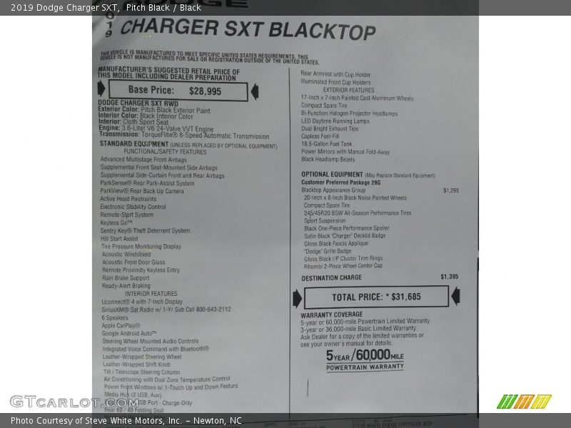 Pitch Black / Black 2019 Dodge Charger SXT