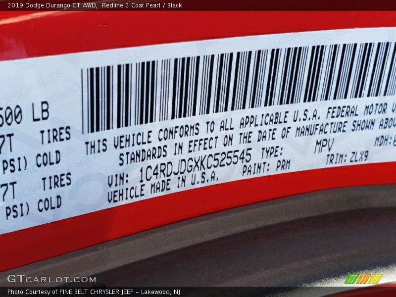2019 Durango GT AWD Redline 2 Coat Pearl Color Code PRM