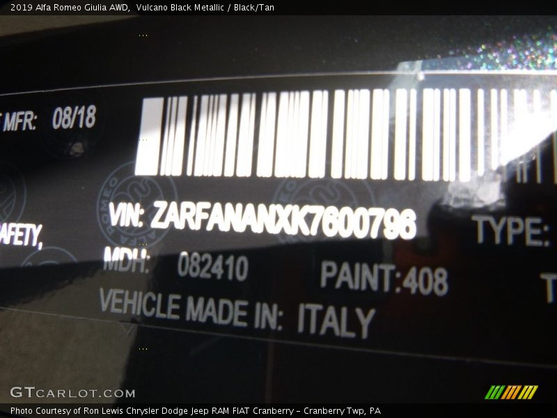 2019 Giulia AWD Vulcano Black Metallic Color Code 408