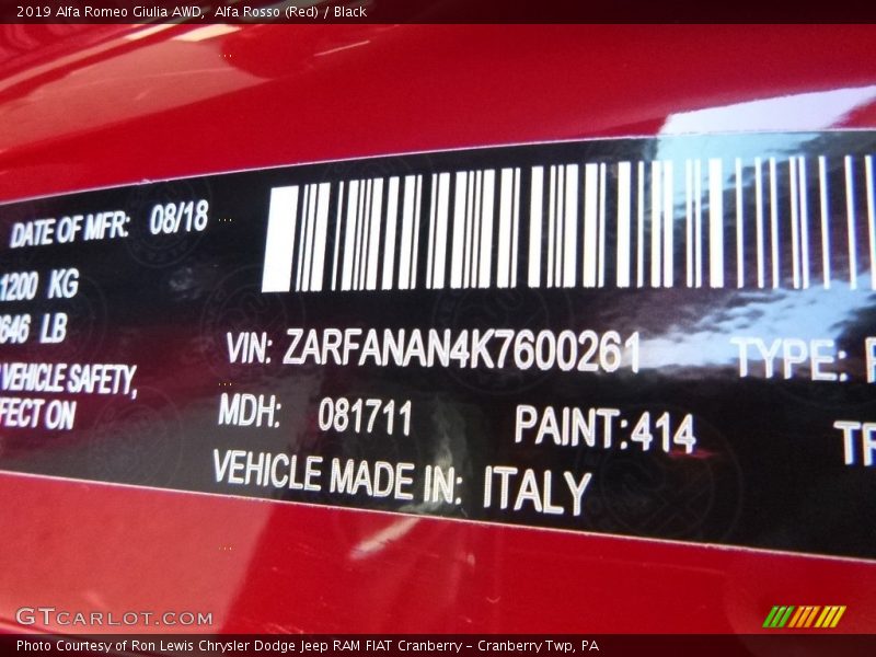 2019 Giulia AWD Alfa Rosso (Red) Color Code 414