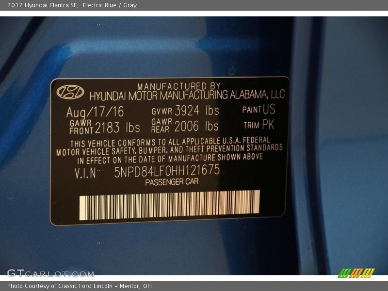 Electric Blue / Gray 2017 Hyundai Elantra SE