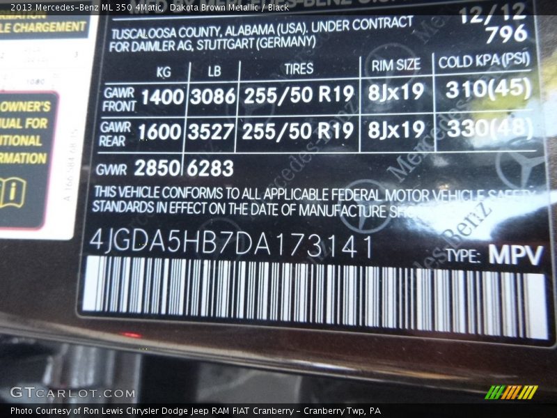 Dakota Brown Metallic / Black 2013 Mercedes-Benz ML 350 4Matic