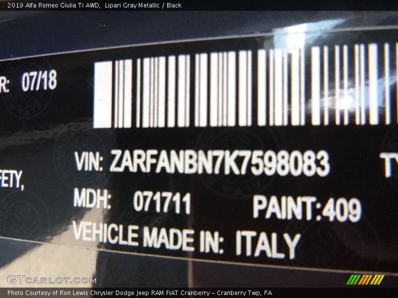 2019 Giulia Ti AWD Lipari Gray Metallic Color Code 409